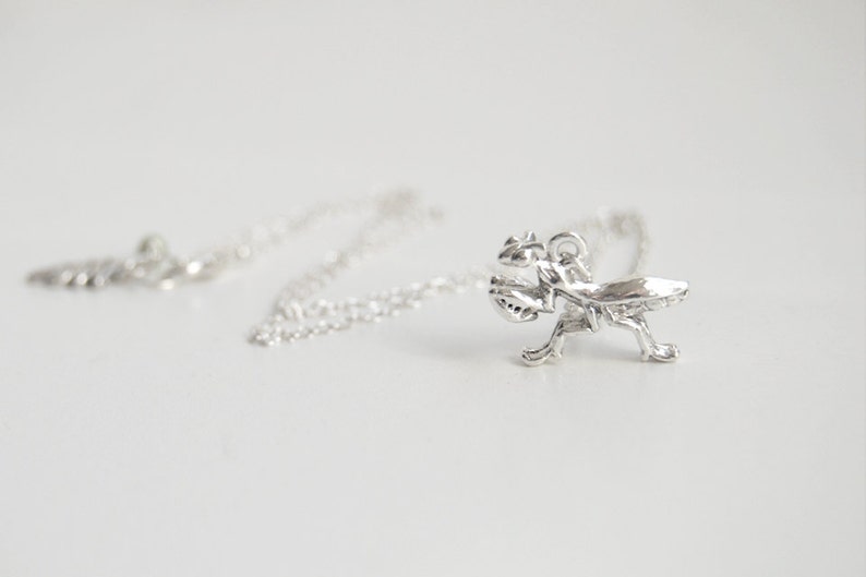 Praying Mantis Necklace Teeny Tiny Silver Praying Mantis Charm Necklace Cute Insect Bug Necklace image 1