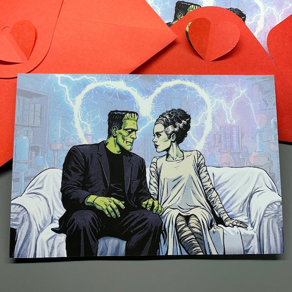 Frankenstein & Bride Love Card – Romantic Monster Anniversary or Any Occasion Card with Heart-Clasp Envelope