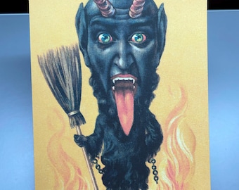 May include: A vintage-style postcard featuring a Krampus illustration. The image shows a dark blue Krampus figure with pink horns, a long red tongue, and a broom. The text "Gruss vom Krampus" is at the top, set against a yellow background.
