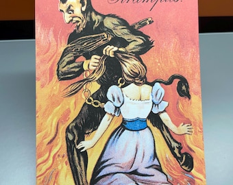 May include: Vintage Krampus greeting card featuring a devil-like figure with horns and a tail, holding a woman by her hair. The background is a fiery orange, with the text "Gruss vom Krampus" in elegant script.