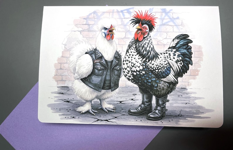 Funny Chicken Friendship Card! Punk Rock Rooster and Silkie, Birds of a ...
