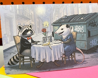 Raccoon and Possum Romantic Card, Candlelit Trash — Valentine, Anniversary, Any Occasion Card
