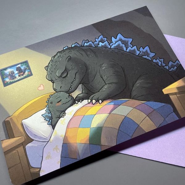 Godzilla Tucks In Lil’Zilla – A Cozy Kaiju Bedtime Card