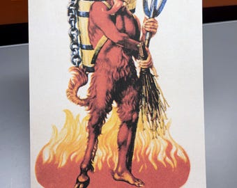 May include: Vintage Krampus postcard featuring a red devil-like figure with horns, a long tongue, and a pitchfork. The figure stands in front of flames, carrying a basket and a broom. The text "Gruss vom Krampus" is at the bottom.