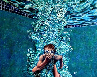 May include: A painting depicting a person wearing goggles and swimming underwater in a swimming pool. The person is surrounded by bubbles and the water is a vibrant blue-green colour.