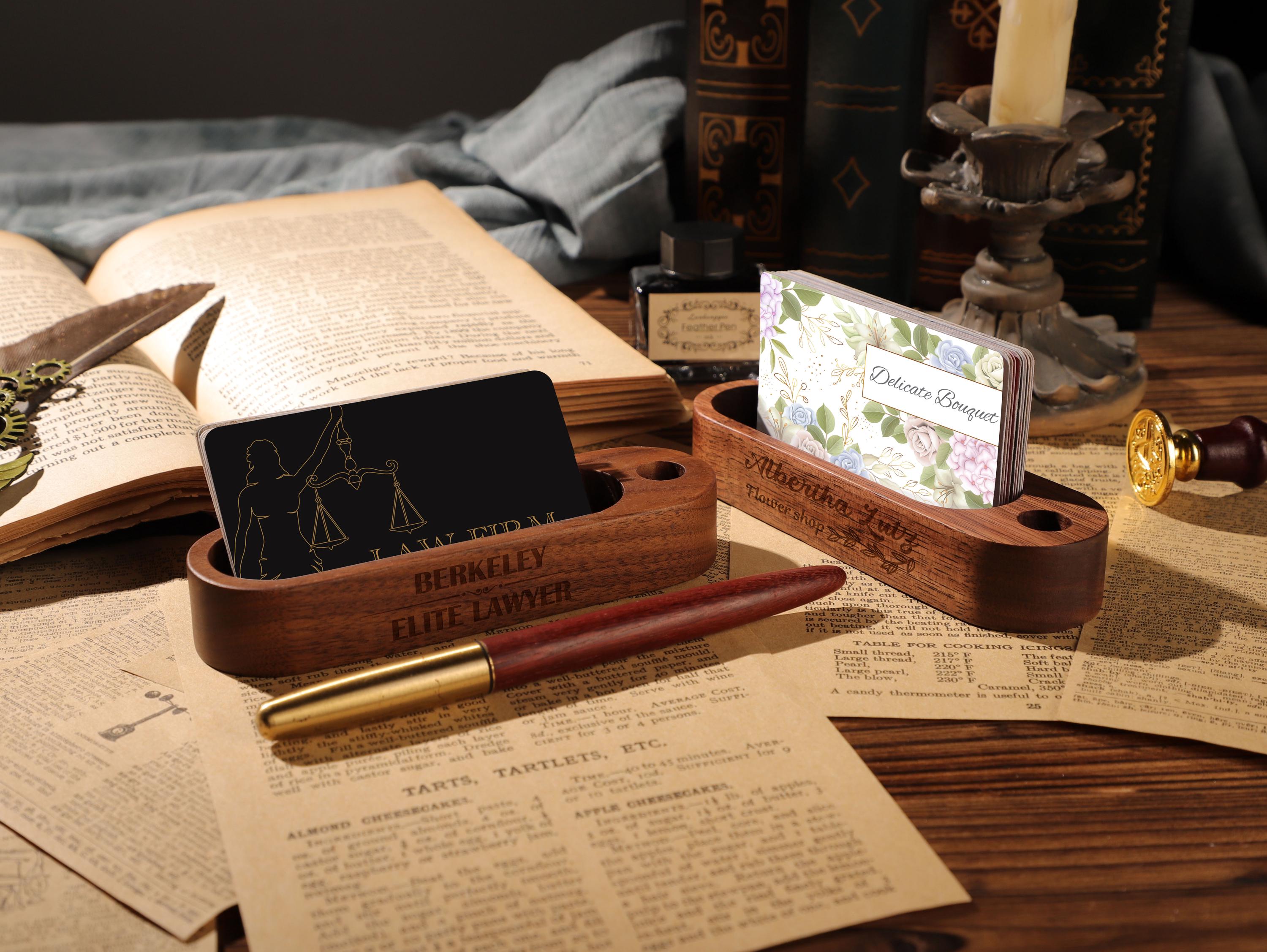 Personalized Business Card Holder, Wood Business Card Holder with Pen Slot, Walnut Business Card Holder, Office Supplies, Teachers' Gifts