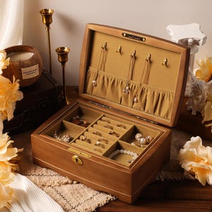 May include: Open wooden jewelry box with multiple compartments and a soft, tan interior. The box is filled with rings, necklaces, and bracelets. Gold-colored candle holders and a decorative candle sit nearby, along with faux flowers.