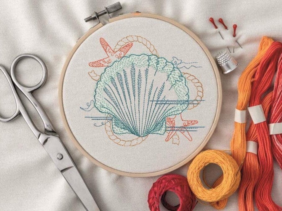 Seaside Landscape With Seashell Embroidery - Machine Embroidery Pattern ...