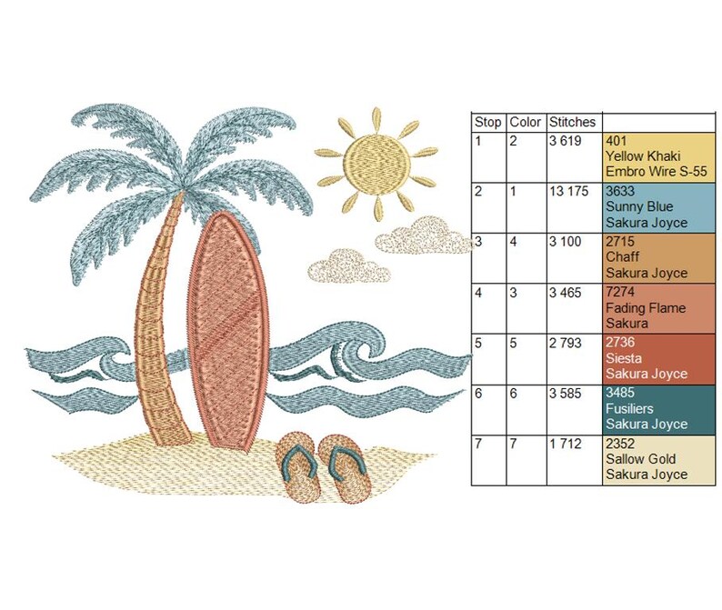 Beach Vibes Machine Embroidery Design - Palm Trees, Surfboard & Flip ...