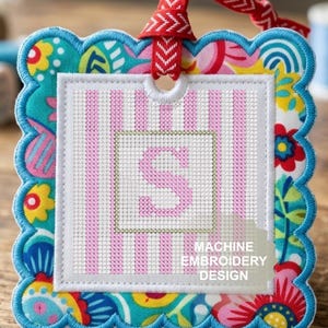 Letter S Monogram Cross Stitch Machine Embroidery Design, Pink Striped Alphabet Luggage Tag Embroidery Pattern, 3 inch Digital Download