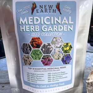 May include: A white resealable bag with a blue and white label. The label says "New Earth Heirloom Seeds" and "Medicinal Herb Garden - Seed Collection -." The label also lists the top 10 essential medicinal herbs with the number of seeds included for each herb. The label says "Cover the Earth in Healing Foods" and "NewEarthSeeds.com".