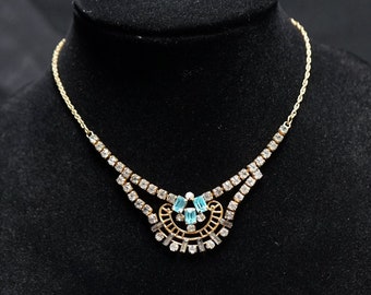 1/20 12K G.F. Lovely and Delicate Choker Necklace with Aqua, Clear and Smoky Rhinestones set in Gold Metal