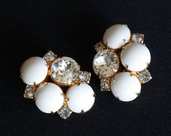 HOBÉ Gorgeous Gold Metal with Milk Glass and Rhinestone Vintage Clip On Earrings