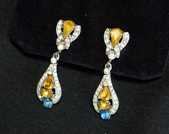 WIESNER Vintage Screw-Post Dangle Earrings with Amber, Sapphire and Clear Rhinestones