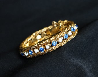 HATTIE CARNEGIE Pretty and Bright Vintage Gold Metal Bracelet with Blue Rhinestone and White Glass Accents