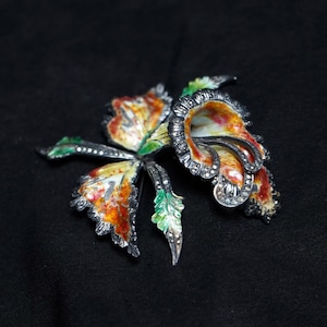 Gorgeous Large Vintage Orchid Brooch with Orange, Amber, Green Enamel and Small Metal Accents