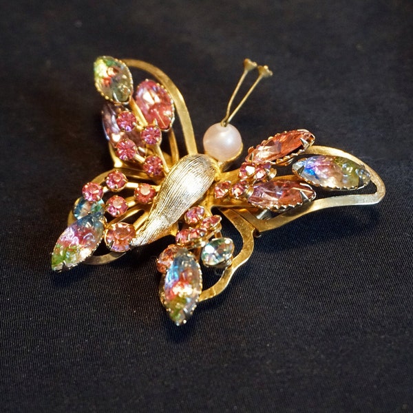 SELINI SELRO Colorful Vintage Butterfly Brooch with Rhinestones set in Gold Tone Metal