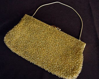 HANDMADE FOR BROADWAY in British Crown Colony Hong Kong Vintage Gold Beaded Clutch Purse with Gold Frame and Rope Chain Handle