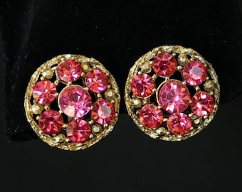 WEISS Bright Pink Vintage Rhinestone Clip On Earrings