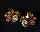 WEISS Dark Brown, Amber, Orange and Pale Yellow Rhinestone Cluster Vintage Clip On Earrings