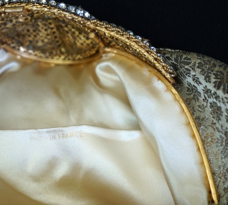 Gorgeous Vintage French Gold Brocade Evening Bag with Large Ornate Beaded Rhinestone Clasp and Chain Handle