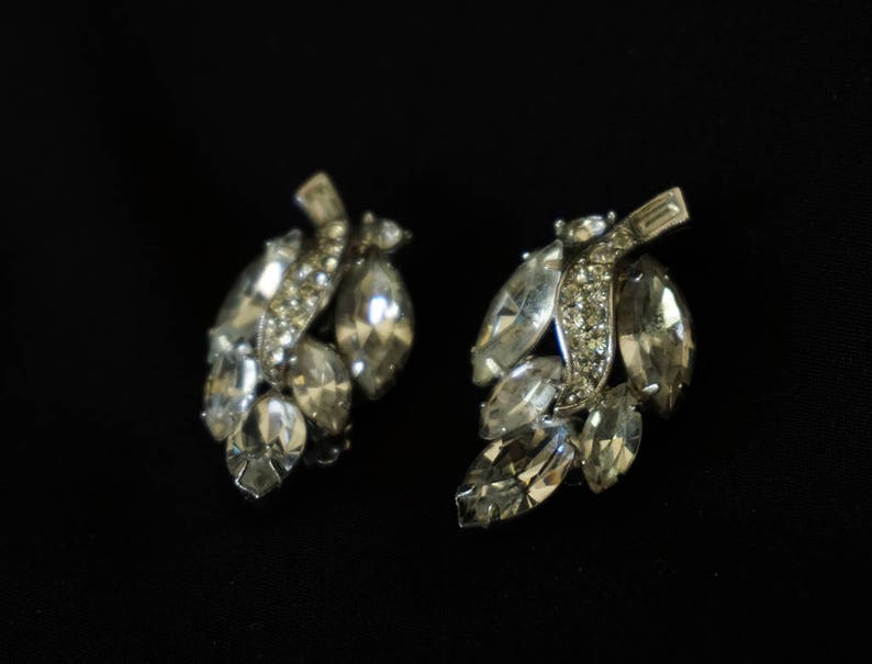 WEISS Vintage Clear Rhinestone Clip on Earrings in Leaf Etsy