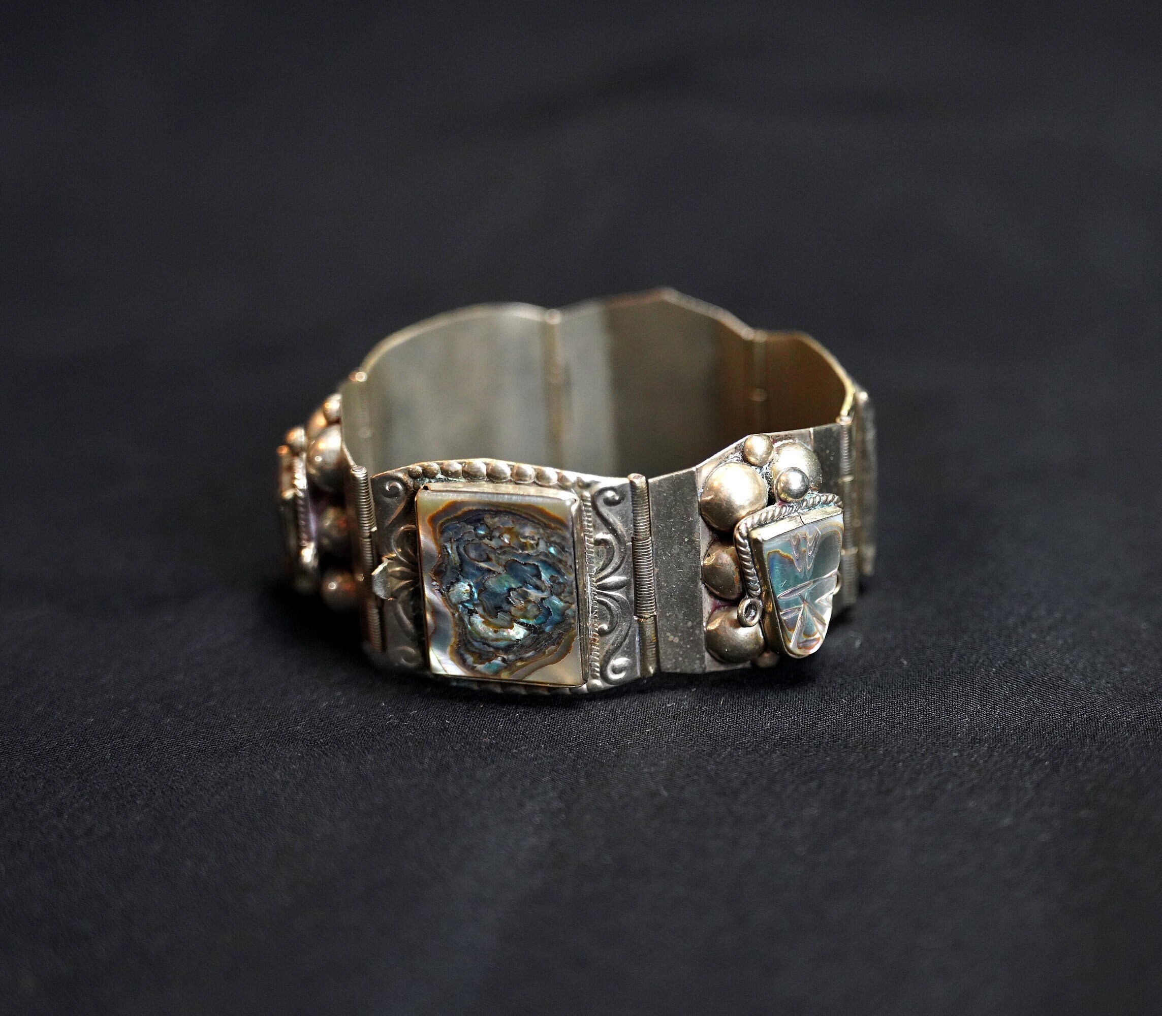 TAXCO Vintage Silver and Mother of Pearl Mexican Mask Bracelet