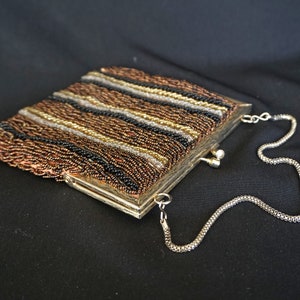 Vintage Beaded Evening Bag with Brown Copper, Gold, Black and Clear Beads and Chain Strap