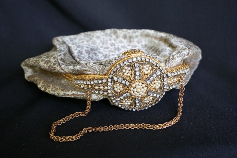 Gorgeous Vintage French Gold Brocade Evening Bag with Large Ornate Beaded Rhinestone Clasp and Chain Handle