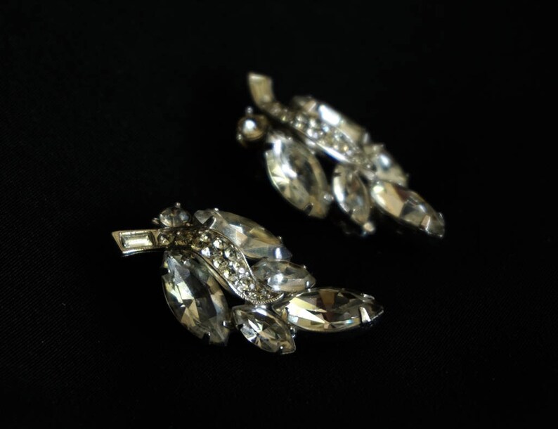 WEISS Vintage Clear Rhinestone Clip on Earrings in Leaf Etsy