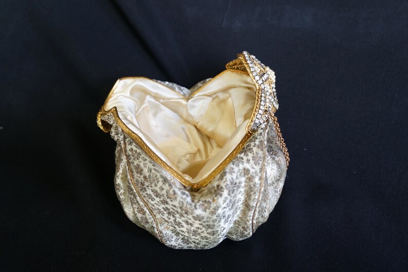 Gorgeous Vintage French Gold Brocade Evening Bag with Large Ornate Beaded Rhinestone Clasp and Chain Handle