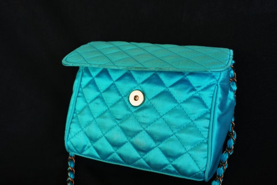 LA ROYALE Vintage Satiny Turquoise Quilted Purse … - image 5