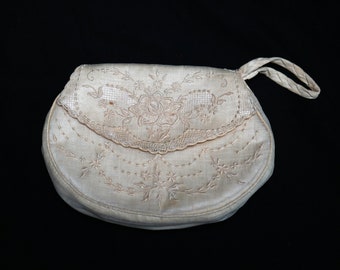 Delicate and Sweet Ecru Cream Cloth Purse with Embroidered Designs