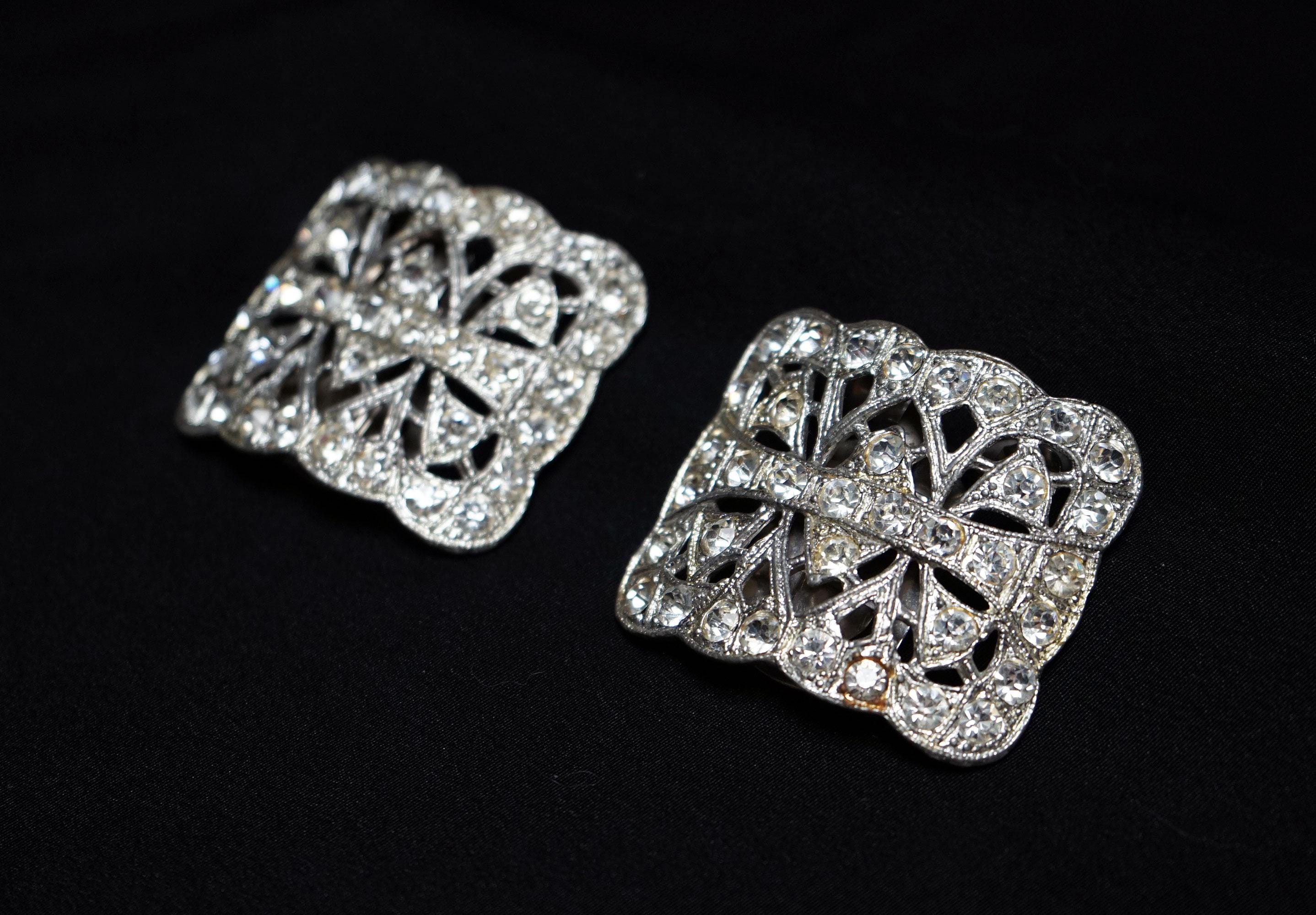 Vintage Clear Rhinestone and Silver Metal Shoe Clips, Shoe Buckles with Slide Attachments