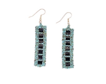 Modern Cubes Art Picture in Turquoise & Black Earrings / Beadwork / Beading / Handmade / Colorful / Tila Beads / Delica Beads