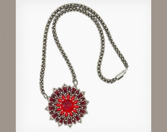 Red Swarovski Crystal Flower Necklace | Handmade Beaded Pendant