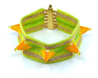 Succulent Serenity: Agave Cuff Beaded Bracelet | Beadwork | Handmade | Seed Beads | Jewelry | Yellow | Lime