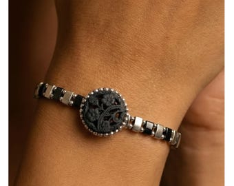 Black Silver Tila Beaded Bracelet with Vintage Button Clasp