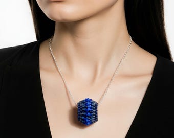Dark Blue Beaded Bead | Handmade | Beadwork | Jewelry | Pendants
