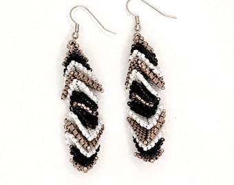 Spectrum Splendor in Classic Black & White Earrings / Beadwork / Beading / Handmade / Colorful / Jewelry