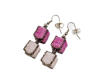 Pink & White Cubic Delight: Double Cube Earrings / Beadwork / Beading / Handmade / Colorful / Jewelry / 3D / Barbie