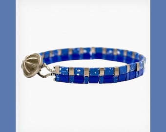 Blue Tila Beaded Bracelet | Handmade Beadwork with Vintage Button