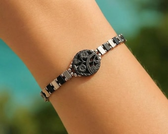 Black Silver Tila Beaded Bracelet with Vintage Button Clasp