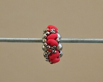 Red & Platinum Superduo and Pearls Beaded Spacer Bead