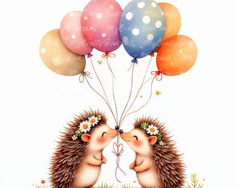 ハリネズミの風船クリップアート：子供向け絵本のイラスト（デジタル