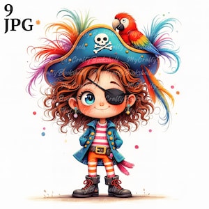 9 eigenzinnige piraat-illustraties hoge resolutie aquarel jpg's, junkjournaling, scrapbooking, kaarten maken, digitale downloadkit, eigenzinnige jongen clipart