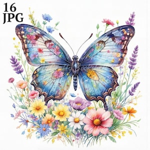 16 Borboletas em flores Clipart, Flores silvestres, Clipart de aquarela para impressão, JPGs de alta qualidade, Download digital, Artesanato em papel, Diário de lixo