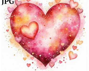 13 Valentine Heart Clipart, Valentines Clipart, Printable Watercolor Clipart, Wysoka jakość JPG, Pobieranie cyfrowe, Rękodzieło papierowe, Junk Journal
