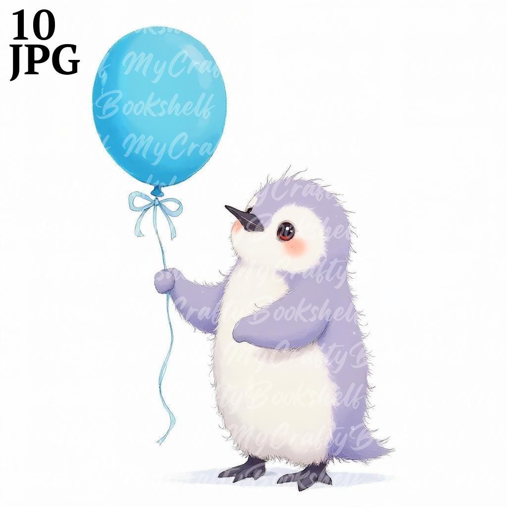 Watercolor Penguin Clipart: Baby Penguin with Balloon (Digital Download)