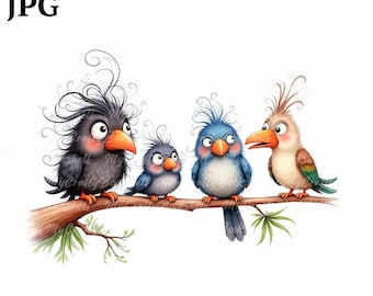 Lustige Aquarell Vögel Clipart: Wunderliche Vogel Kunst (Digitaler Download)